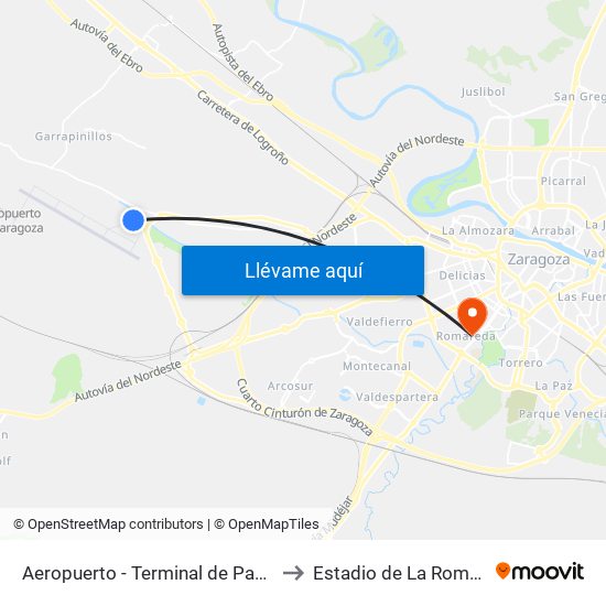 Aeropuerto - Terminal de Pasajeros to Estadio de La Romareda map