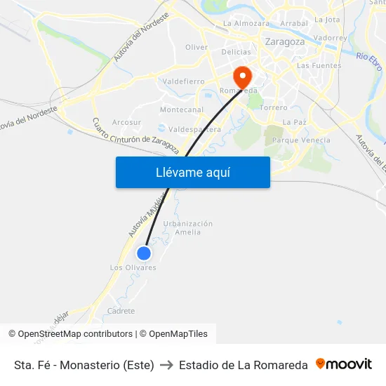 Sta. Fé - Monasterio (Este) to Estadio de La Romareda map