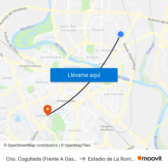 Cno. Cogullada (Frente A Gasolinera) to Estadio de La Romareda map