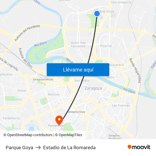 Parque Goya to Estadio de La Romareda map