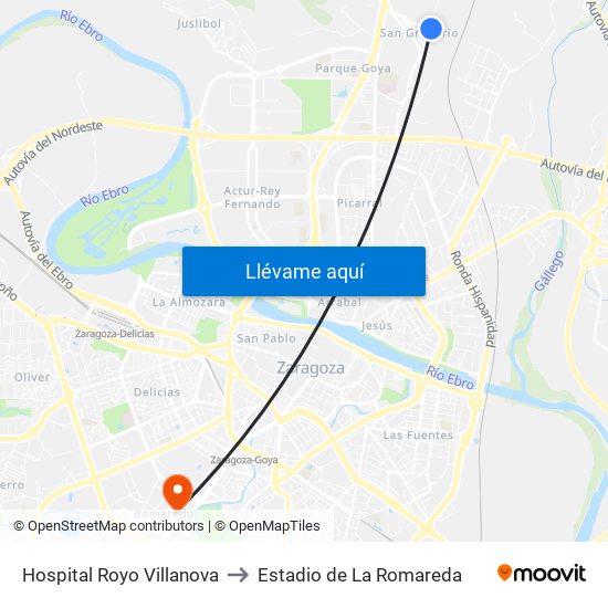 Hospital Royo Villanova to Estadio de La Romareda map