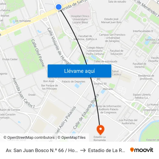 Av. San Juan Bosco N.º 66 / Hospital Clínico to Estadio de La Romareda map