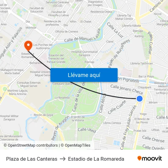 Plaza de Las Canteras to Estadio de La Romareda map