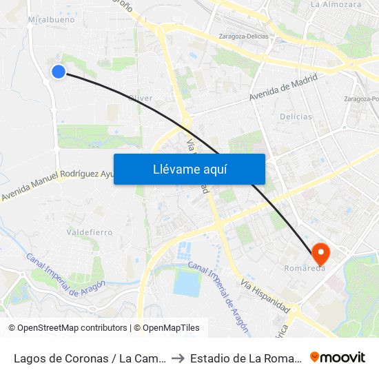 Lagos de Coronas / La Camisera to Estadio de La Romareda map