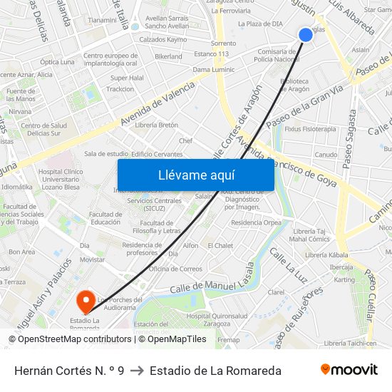 Hernán Cortés N. º 9 to Estadio de La Romareda map