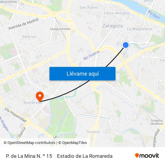 P. de La Mina N. º 15 to Estadio de La Romareda map