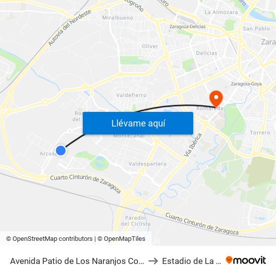 Avenida Patio de Los Naranjos Con Bosque de La Trapa to Estadio de La Romareda map