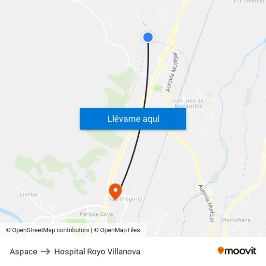 Aspace to Hospital Royo Villanova map