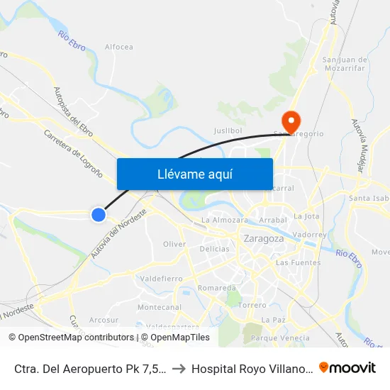 Ctra. Del Aeropuerto Pk 7,500 to Hospital Royo Villanova map