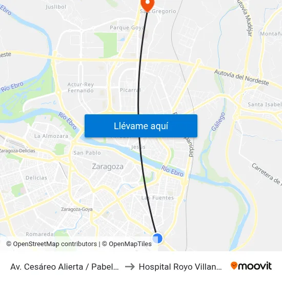 Av. Cesáreo Alierta / Pabellón to Hospital Royo Villanova map