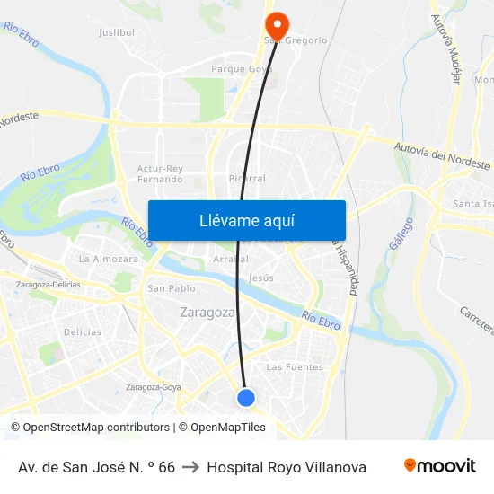 Av. de San José N. º 66 to Hospital Royo Villanova map