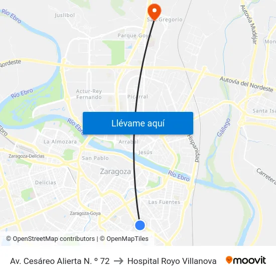 Av. Cesáreo Alierta N. º 72 to Hospital Royo Villanova map