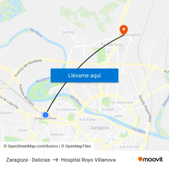 Zaragoza - Delicias to Hospital Royo Villanova map
