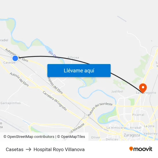 Casetas to Hospital Royo Villanova map