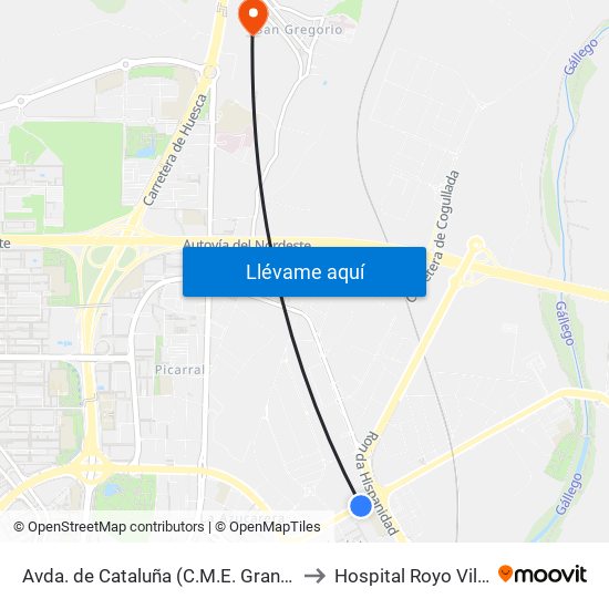 Avda. de Cataluña (C.M.E. Grande Covián) to Hospital Royo Villanova map