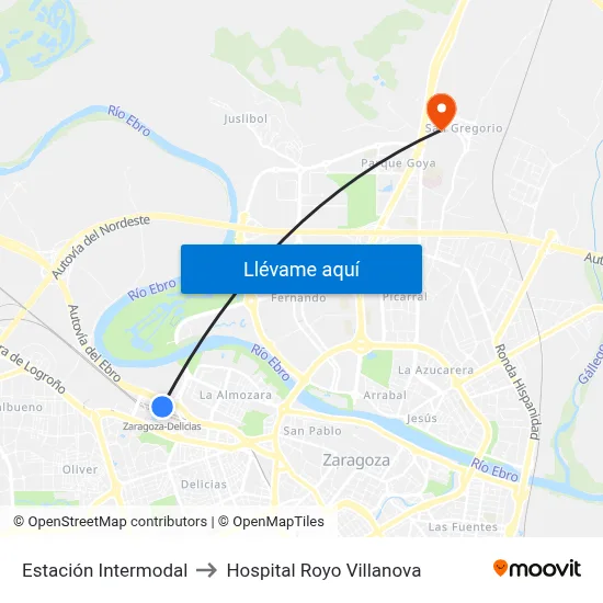 Estación Intermodal to Hospital Royo Villanova map