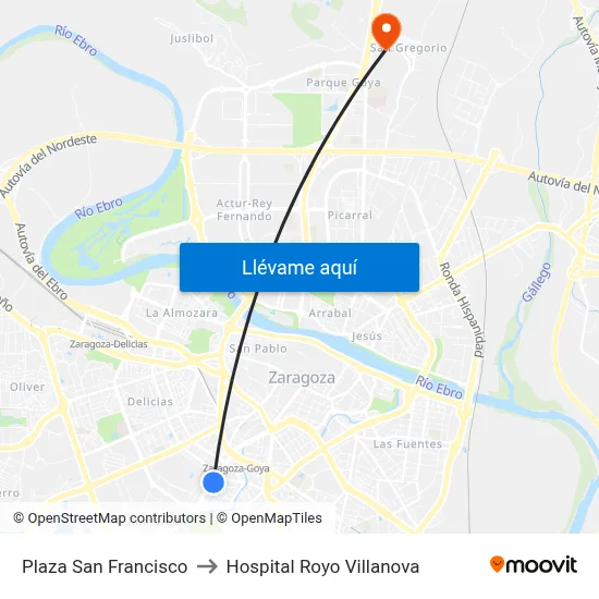 Plaza San Francisco to Hospital Royo Villanova map