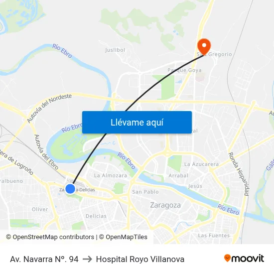 Av. Navarra Nº. 94 to Hospital Royo Villanova map