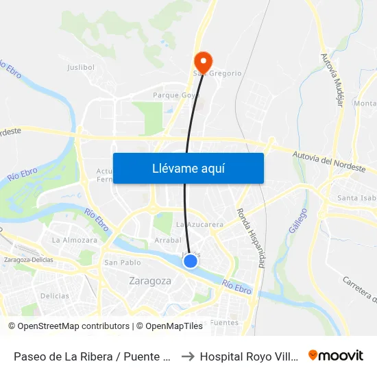 Paseo de La Ribera / Puente Del Pilar to Hospital Royo Villanova map