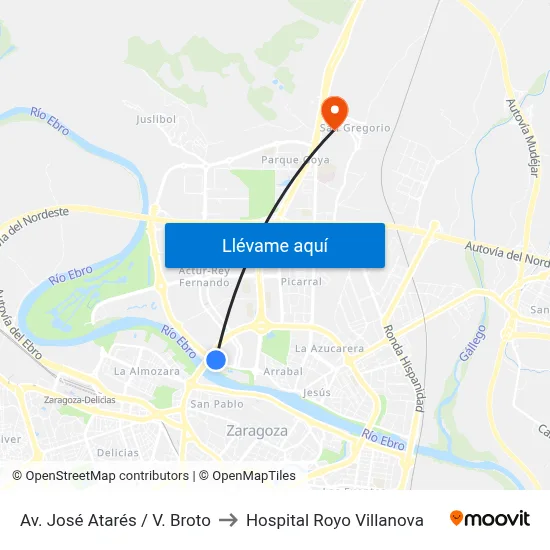 Av. José Atarés / V. Broto to Hospital Royo Villanova map