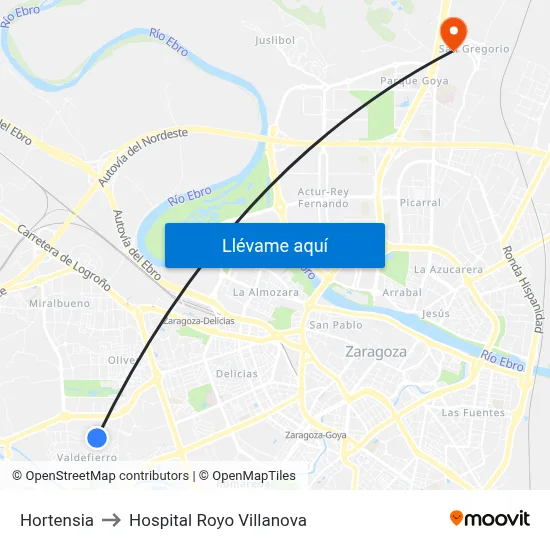 Hortensia to Hospital Royo Villanova map