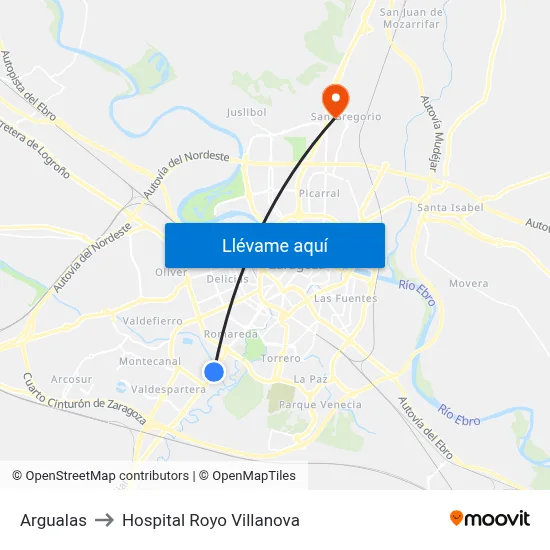 Argualas to Hospital Royo Villanova map