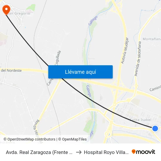 Avda. Real Zaragoza (Frente Nº 65) to Hospital Royo Villanova map