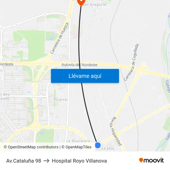 Av.Cataluña 98 to Hospital Royo Villanova map