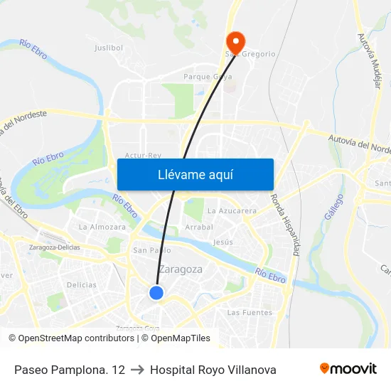 Paseo Pamplona. 12 to Hospital Royo Villanova map