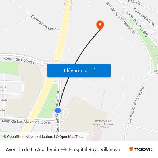 Avenida de La Academia to Hospital Royo Villanova map