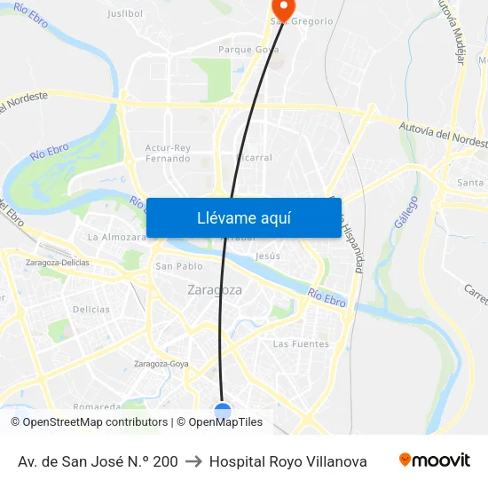 Av. de San José N.º 200 to Hospital Royo Villanova map
