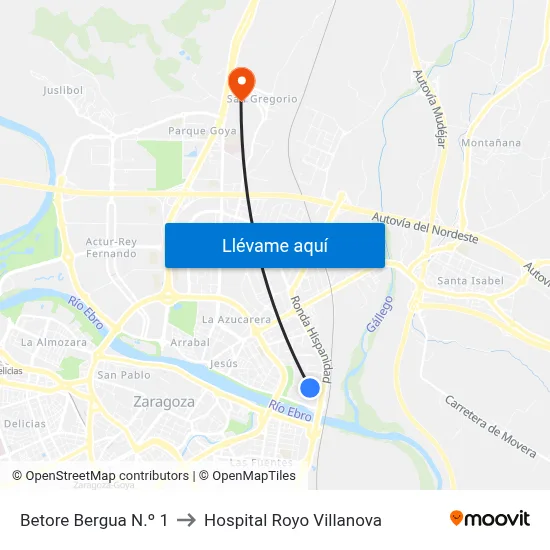 Betore Bergua N.º 1 to Hospital Royo Villanova map