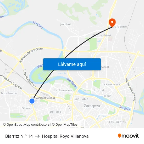 Biarritz N.º 14 to Hospital Royo Villanova map