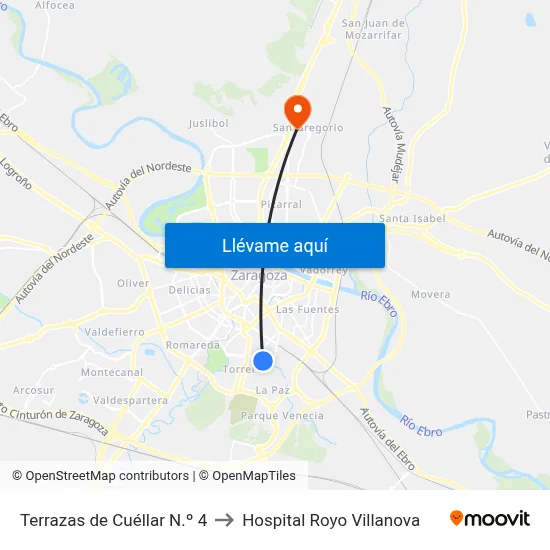Terrazas de Cuéllar N.º 4 to Hospital Royo Villanova map