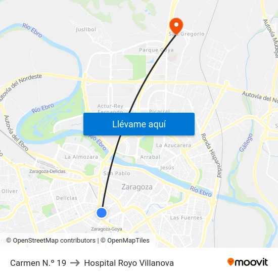 Carmen N.º 19 to Hospital Royo Villanova map