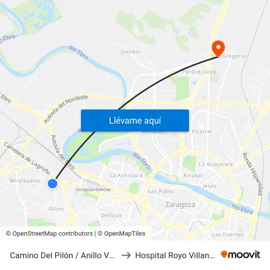 Camino Del Pilón / Anillo Verde to Hospital Royo Villanova map