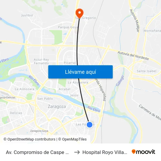 Av. Compromiso de Caspe N.º 72 to Hospital Royo Villanova map