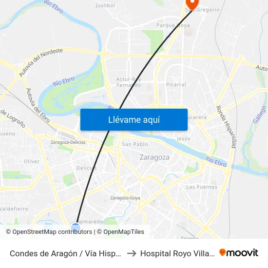 Condes de Aragón / Vía Hispanidad to Hospital Royo Villanova map