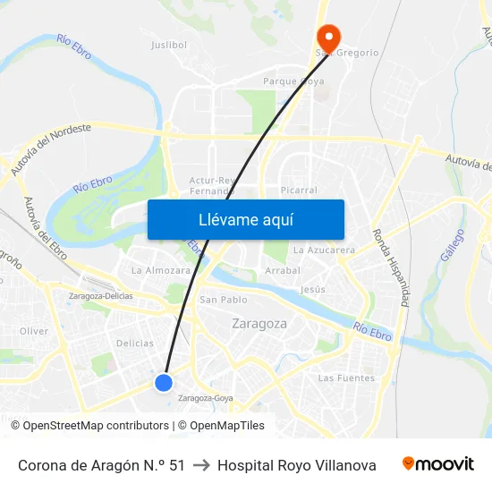 Corona de Aragón N.º 51 to Hospital Royo Villanova map