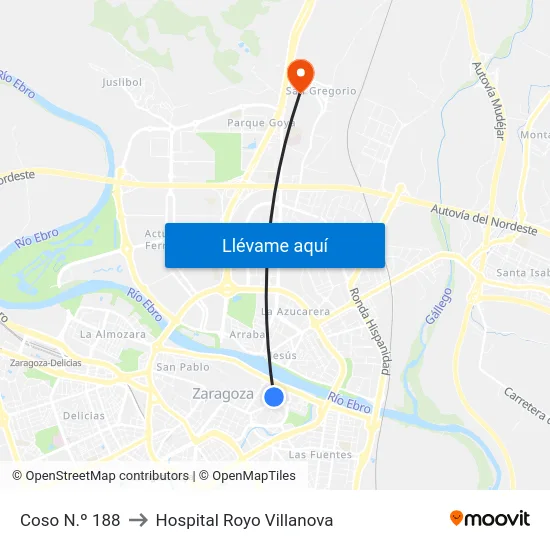 Coso N.º 188 to Hospital Royo Villanova map