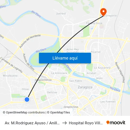 Av. M.Rodriguez Ayuso / Anillo Verde to Hospital Royo Villanova map