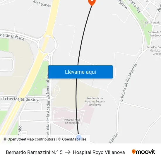 Bernardo Ramazzini N.º 5 to Hospital Royo Villanova map