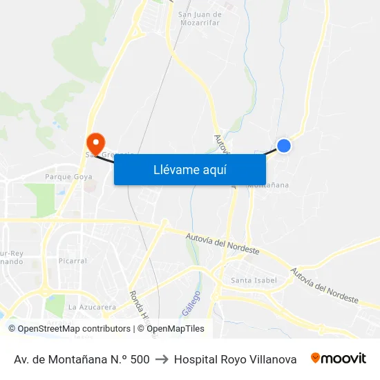 Av. de Montañana N.º 500 to Hospital Royo Villanova map