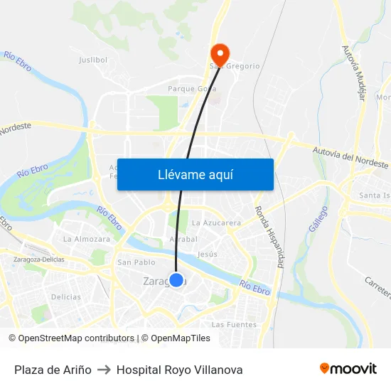 Plaza de Ariño to Hospital Royo Villanova map