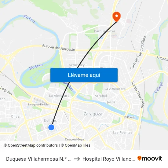 Duquesa Villahermosa N.º 97 to Hospital Royo Villanova map