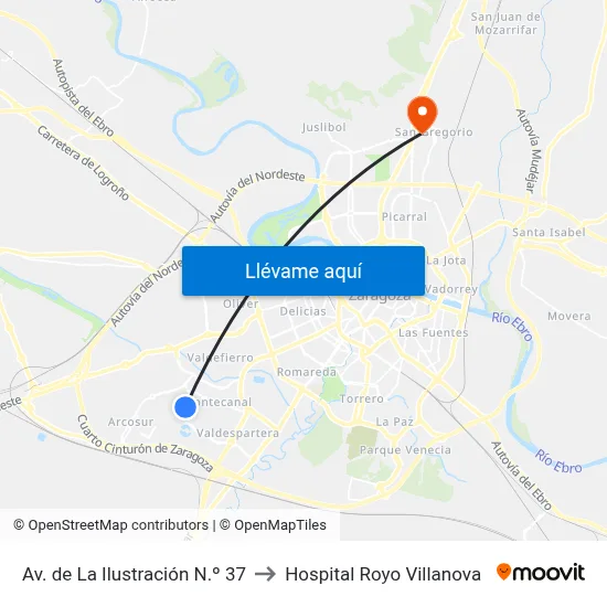 Av. de La Ilustración N.º 37 to Hospital Royo Villanova map