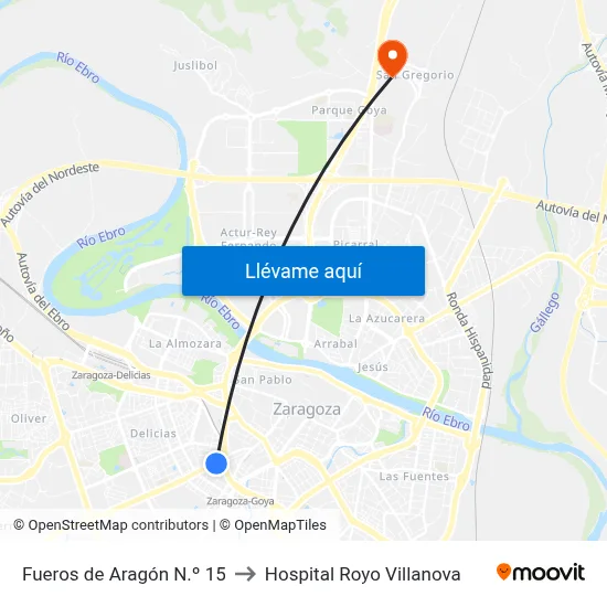 Fueros de Aragón N.º 15 to Hospital Royo Villanova map