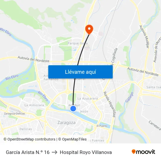 García Arista N.º 16 to Hospital Royo Villanova map