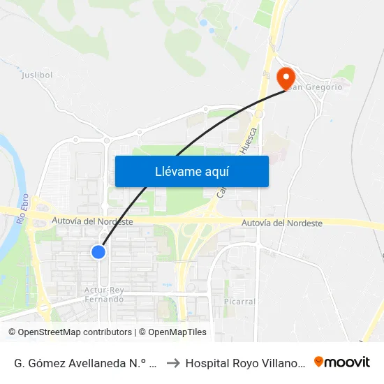 G. Gómez Avellaneda N.º 83 to Hospital Royo Villanova map
