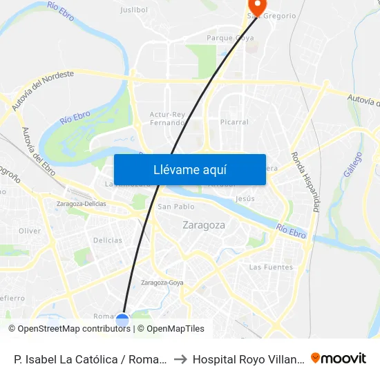 P. Isabel La Católica / Romareda to Hospital Royo Villanova map